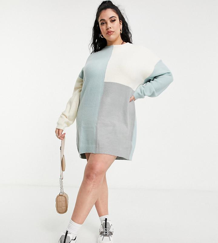 Missguided Plus Color Block Sweater Dress In Blue-blues