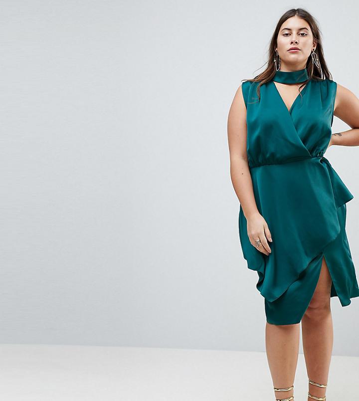 Asos Curve Slinky Wrap Skirt Midi Dress With Neck Choker - Green
