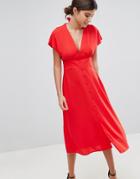 Asos Button Through Midi Dress With Bow Back Detail - Orange