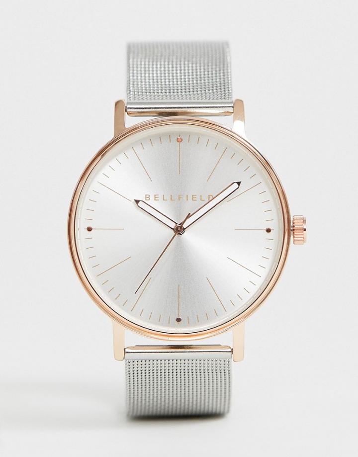 Bellfield Mens Silver Mesh Bracelet Watch With Rose Gold Tone Case - Silver