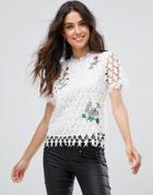 Liquorish Star Lace White Floral Embroidered Top - White