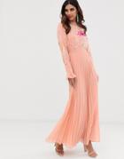 Asos Design Embroidered Pleated Maxi Dress With Fluted Sleeve-pink