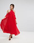 True Decadence Pleated Swing Dress With Cold Shoulder Detail - Red