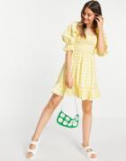 New Look Tie Back Shirred Smock Dress In Yellow Gingham