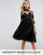 Chi Chi London Maternity Prom Dress With Embroidered Bodice And Sheer Sleeves - Black