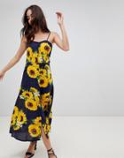 Parisian Sunflower Print Midi Dress With Button Front - Multi