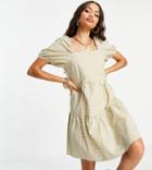Y.a.s Petite Gingham Puff Sleeve Mini Smock Dress In Sage-green