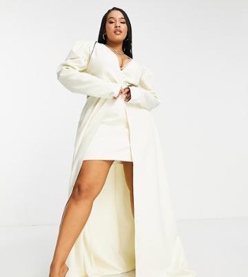 Yaura Plus Puff Shoulder High Low Mini Dress With Train In Ivory-white