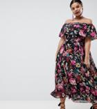Asos Design Curve Bardot Midi Dress In Floral Print - Multi