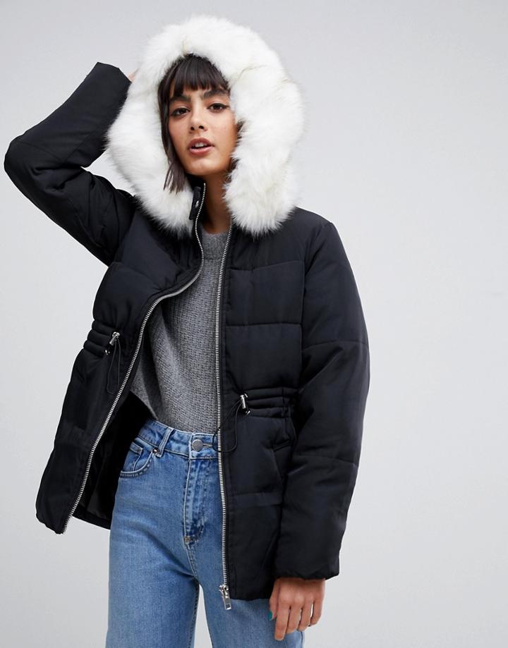 Asos Design Puffer Jacket With Waist Detail And Faux Fur Hood-black