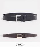 Asos Design 2 Pack Skinny Belt In Black And Brown With Gold And Silver Buckle Save-multi
