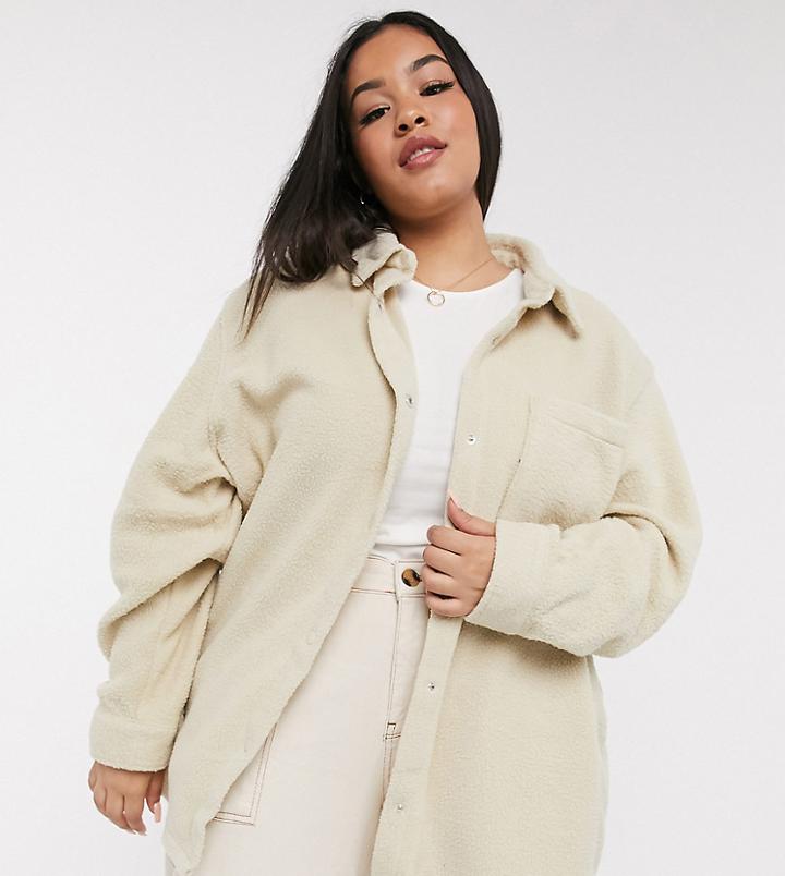 Asos Design Curve Fleece Shacket In Cream-neutral