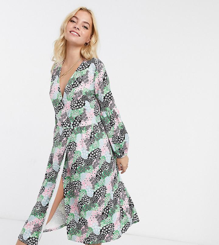 Asos Design Petite Wrap Front Smock Midi Dress In Multi Floral Print-white