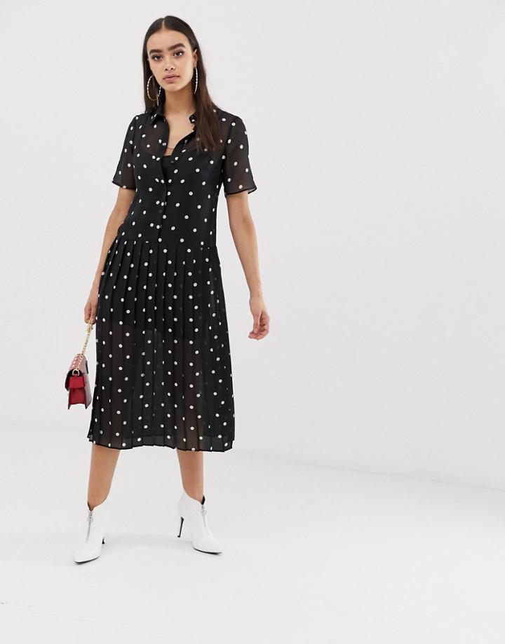 Asos Design Pleated Midi Shirt Dress In Mono Polka Dot - Multi