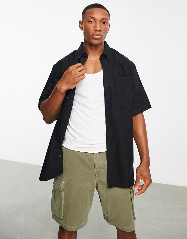 Topman Relaxed Short Sleeve Oxford Shirt In Black