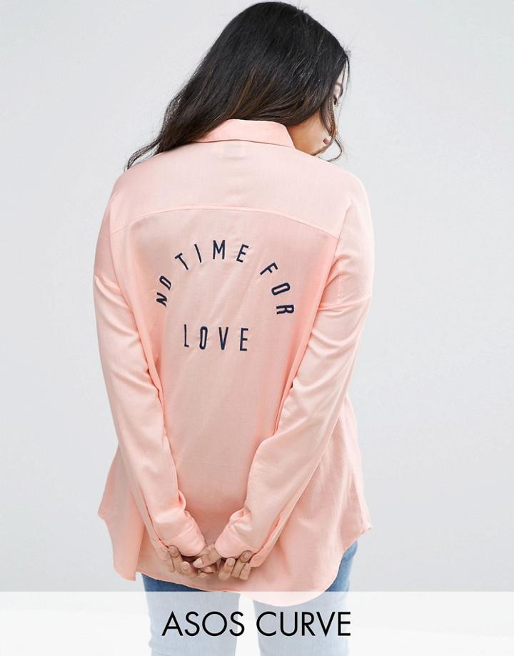 Asos Curve Twill Boyfriend Shirt With Embroidered Back - Pink