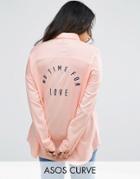 Asos Curve Twill Boyfriend Shirt With Embroidered Back - Pink