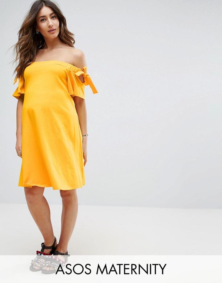 Asos Maternity Off Shoulder Dress With With Tie Sleeve Detail - Yellow