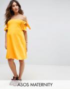 Asos Maternity Off Shoulder Dress With With Tie Sleeve Detail - Yellow