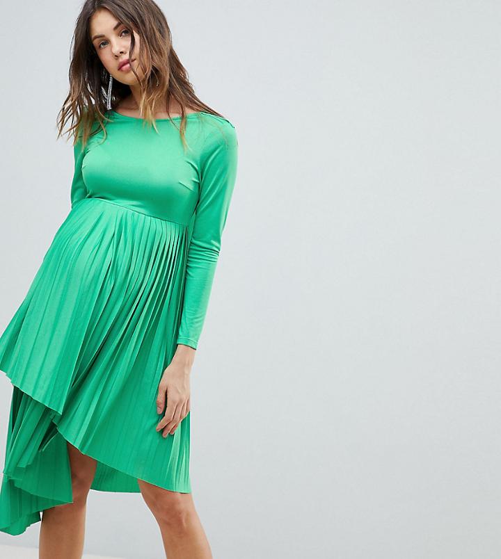 Asos Design Maternity Pleated Long Sleeve Midi Dress-green