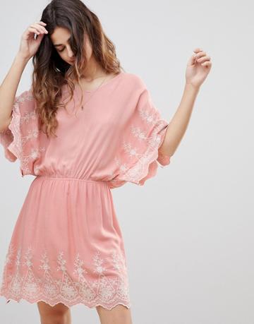 Crescent Embroidered Flutter Dress - Pink