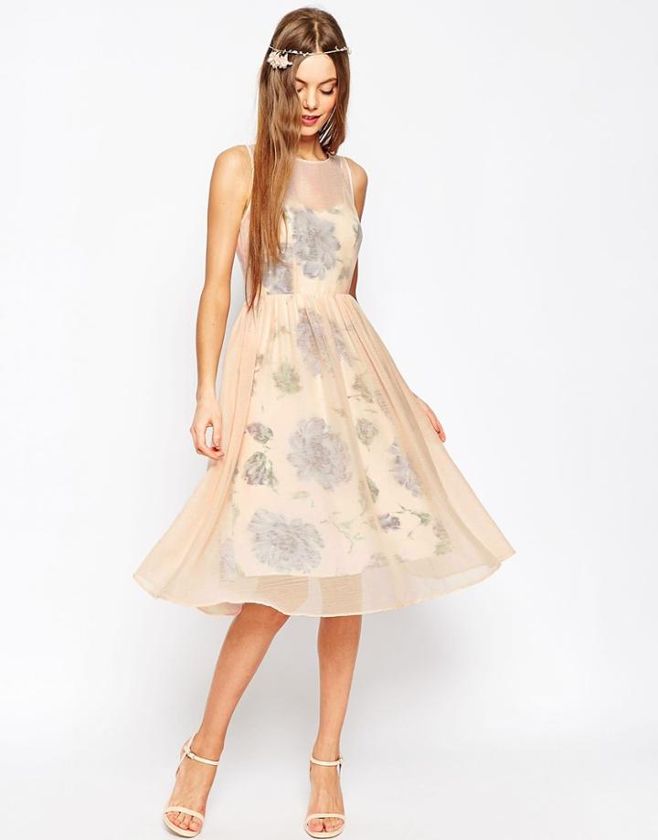 Asos Wedding Printed And Sheer Layer Prom Dress - Pink