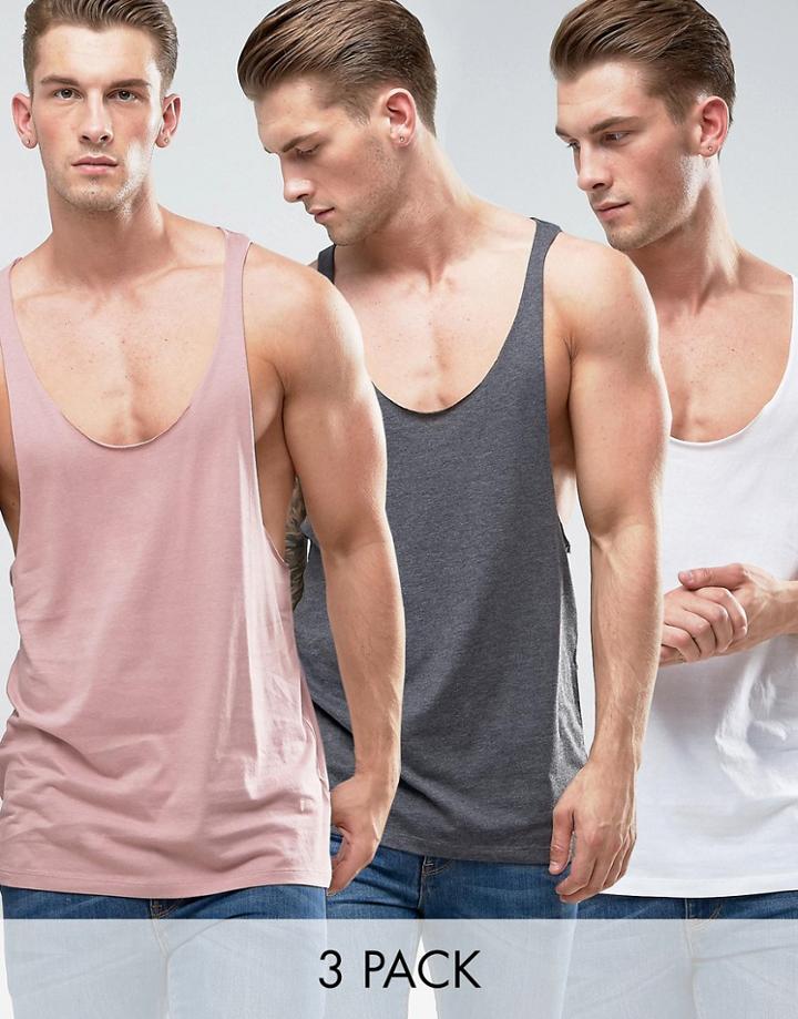Asos 3 Pack Tank With Extreme Racer Back And Raw Edge In Pink/charcoal Marl/white Save - Multi