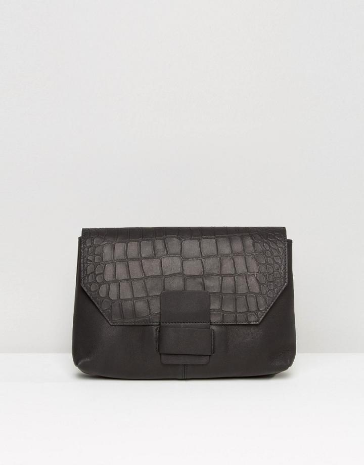 Asos Leather Croc Slot Through Clutch Bag - Black
