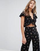 Nobody's Child Tie Front Top With Ruffle Hem In Vintage Floral - Black