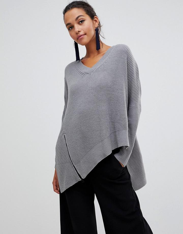 Liquorish Asymmetric Sweater With Zip Detail - Gray