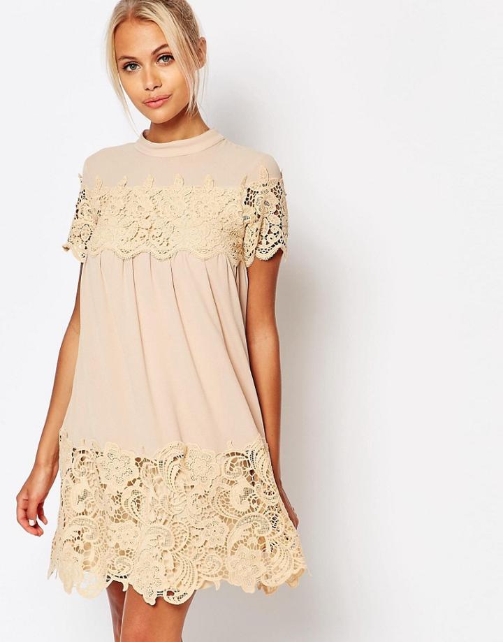 Fashion Union Smock Dress With Lace Inserts - Nude