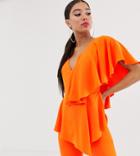 Yaura Plunge Front Ruffle Detail Jumpsuit In Orange - Orange