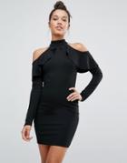 Missguided Frill Cold Shoulder Long Sleeve Dress - Black