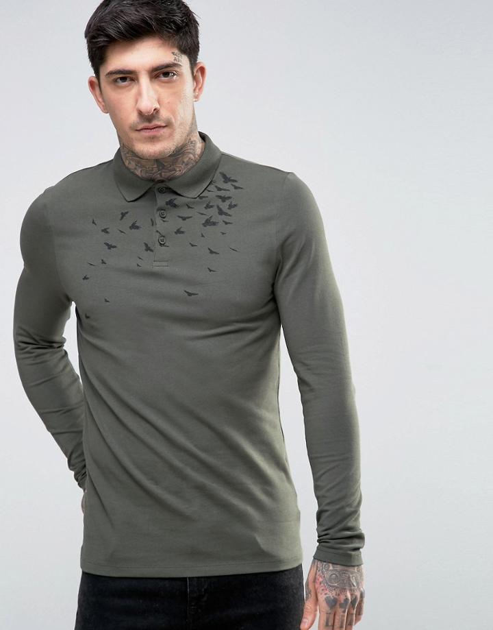 Asos Muscle Polo With Bird Yoke Print - Green