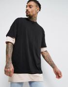 Asos Super Oversized T-shirt With Double Layer Roll Sleeve In Black/pink - Black
