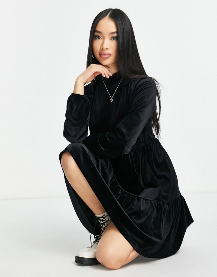 Monki Velvet Mini Dress In Black - Black
