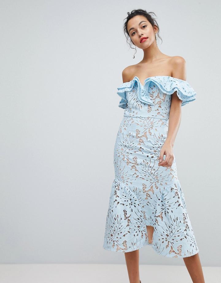 Jarlo Frill Cutwork Lace Off Shoulder Stepped Hem Midi Dress - Blue