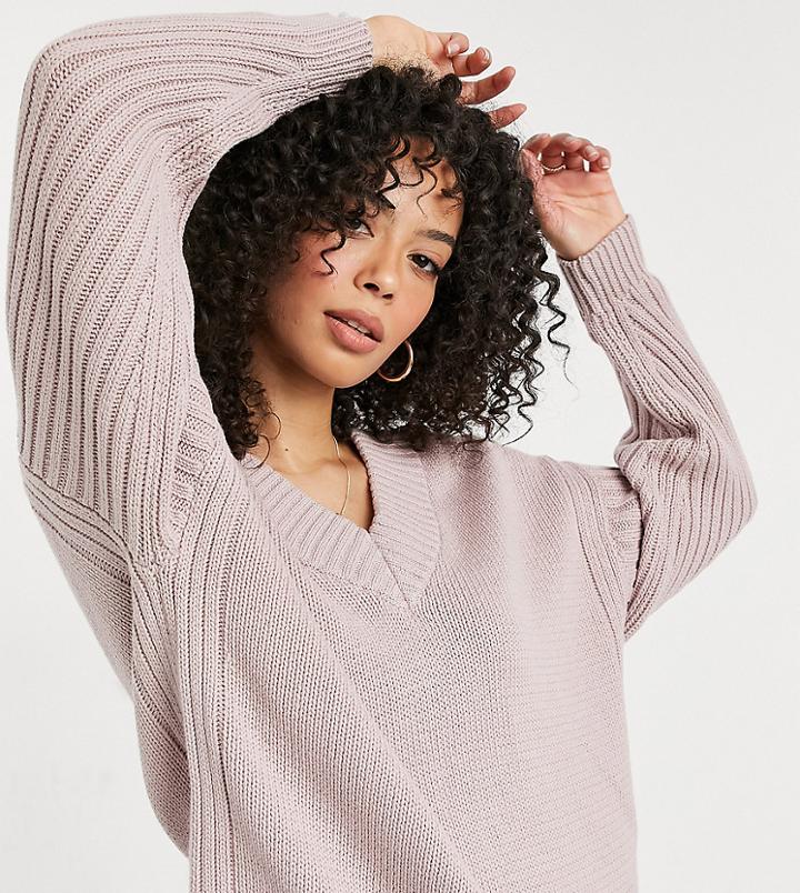 Asos Design Tall Sweater With V-neck And Ribbed Sleeves In Lilac-purple