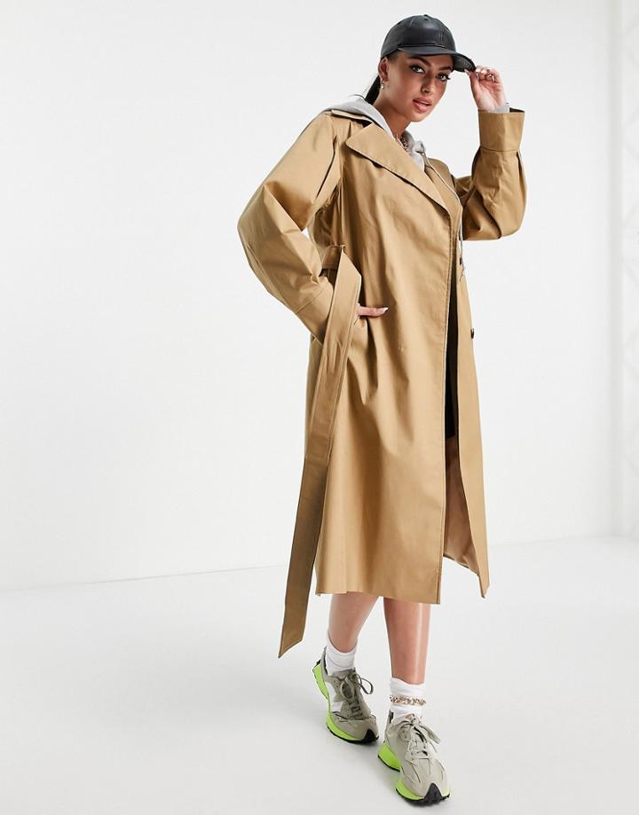 Helene Berman Voloume Sleeve Wrap Trench Coat In Camel-neutral