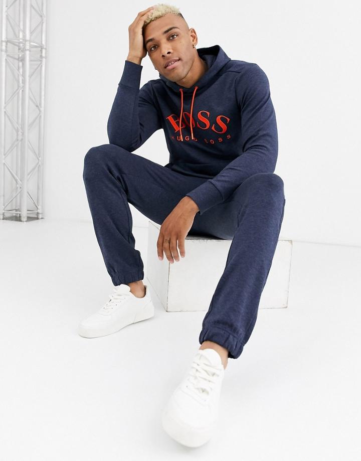Boss Athleisure Orange Logo Hoodie In Navy Marl