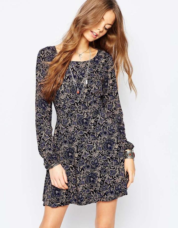 Brave Soul Floral Skater Dress - Navy