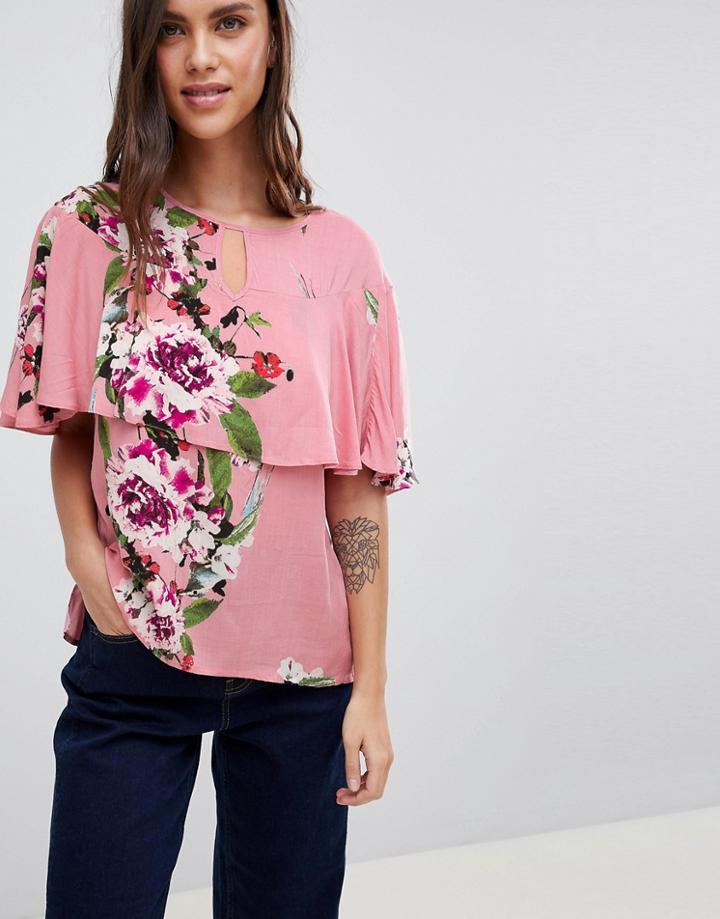 Vila Floral Ruffle Woven Top-pink