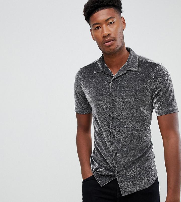 Asos Design Tall Regular Fit Shirt In Silver Metallic With Revere Collar - Silver