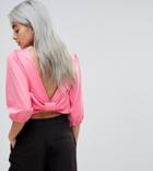 Asos Petite Crop Top With Puffed Sleeve And Bow Back - Pink