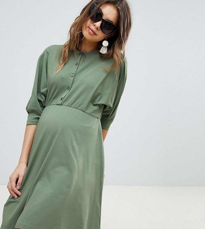 Asos Design Maternity Nursing Batwing Skater Dress With Button Through - Green