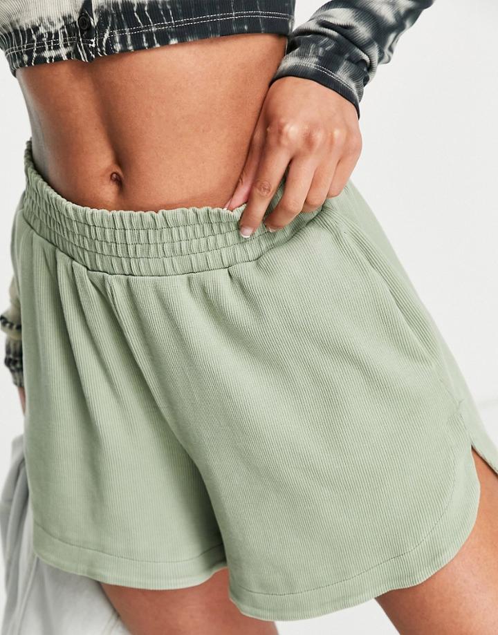 Topshop Acid Wash Ribbed Runner Short In Dark Green - Part Of A Set-grey