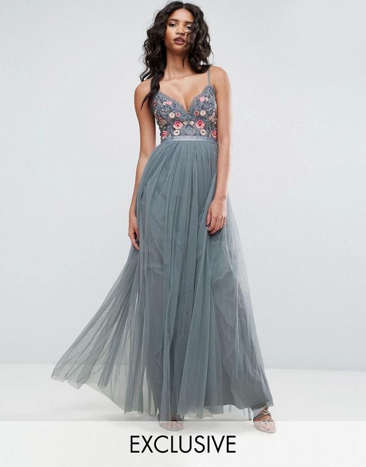 Needle & Thread Whisper Embroidered Tulle Maxi Dress - Green