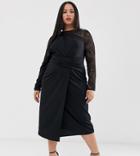 Asos Design Curve Midi Pencil Dress With Cut Out And Lace Insert-black