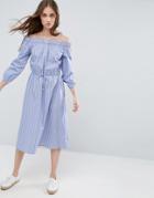 Asos Off Shoulder Midi Dress In Cotton Stripe - Multi
