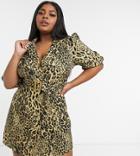 Saint Genies Plus Puff Sleeve Blazer Dress With Belt Detail In Leopard Print-multi